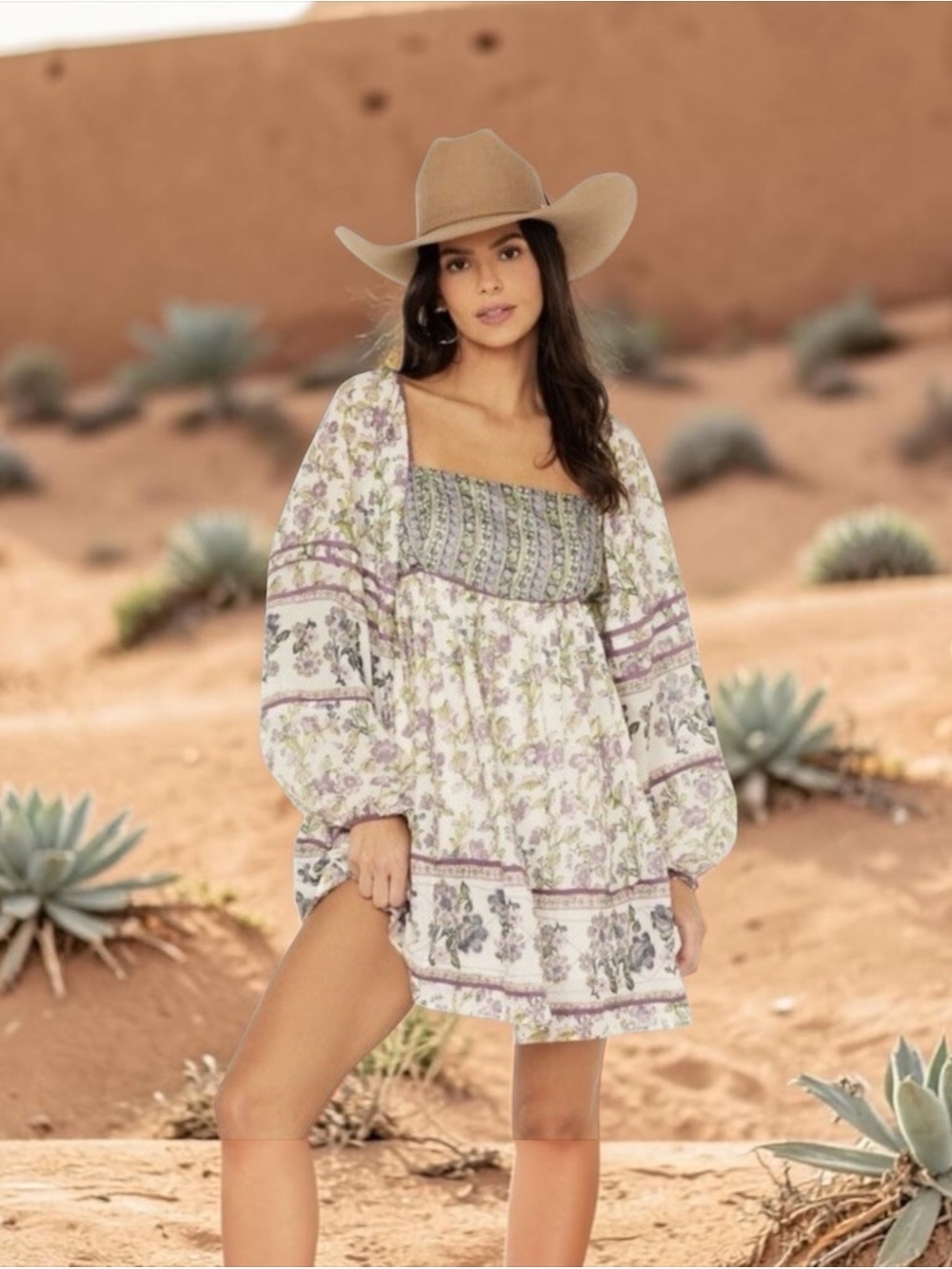 FREE PEOPLE Boho Floral Smocked Mini Dress in Cream and Lavender Size L